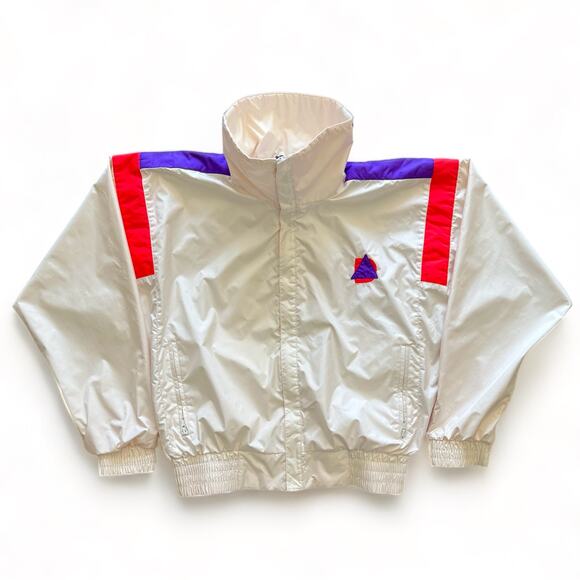 Vintage 80s Alpine Design Lined Windbreaker Nylon Zip Jacket Pink White Purple M - Picture 2 of 14